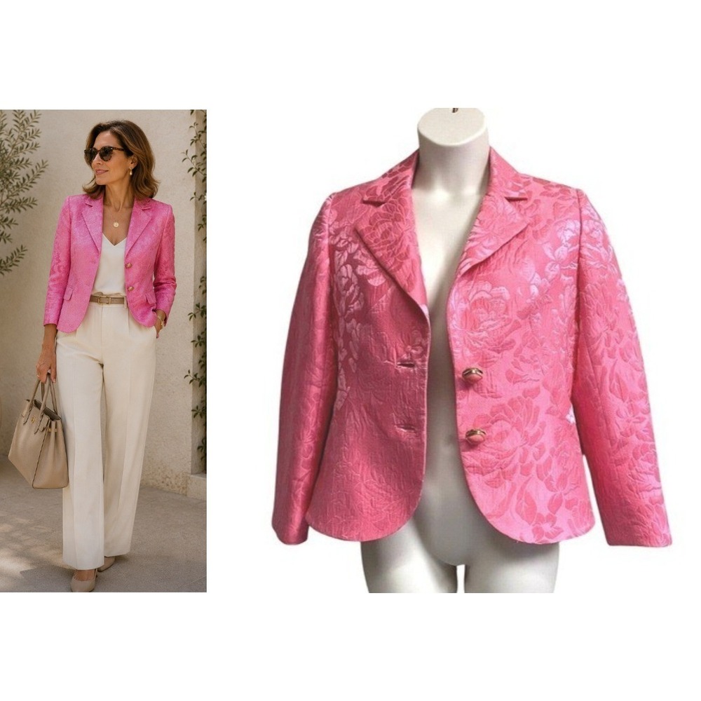 Frascara Pink Floral Brocade Jacquard Blazer Jacket Size 8 Metallic